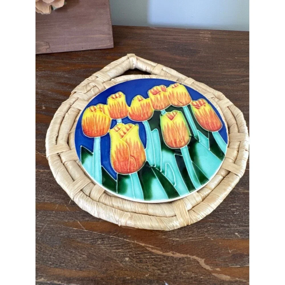 Hand Painted Tulip Tile Trivet Wicker Wall Hanging Dutch Cottagecore Kitchen